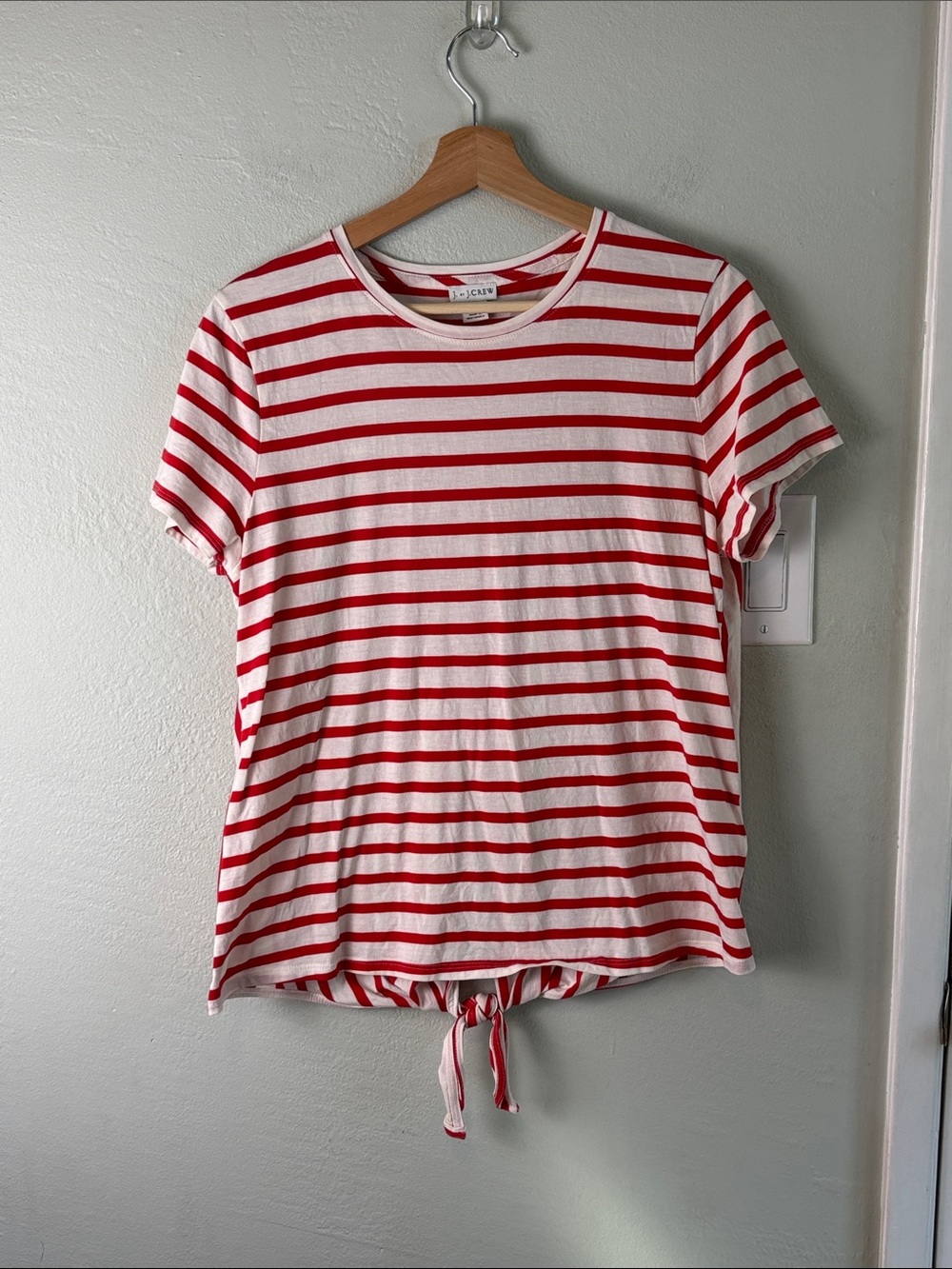 J. Crew Factory Red and White Striped Tie-Hem Short Sleeve Tee
